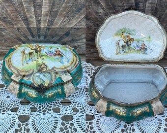Vintage Large 7.75in Hinged Porcelain Hand Painted Dresser Box By Dominic