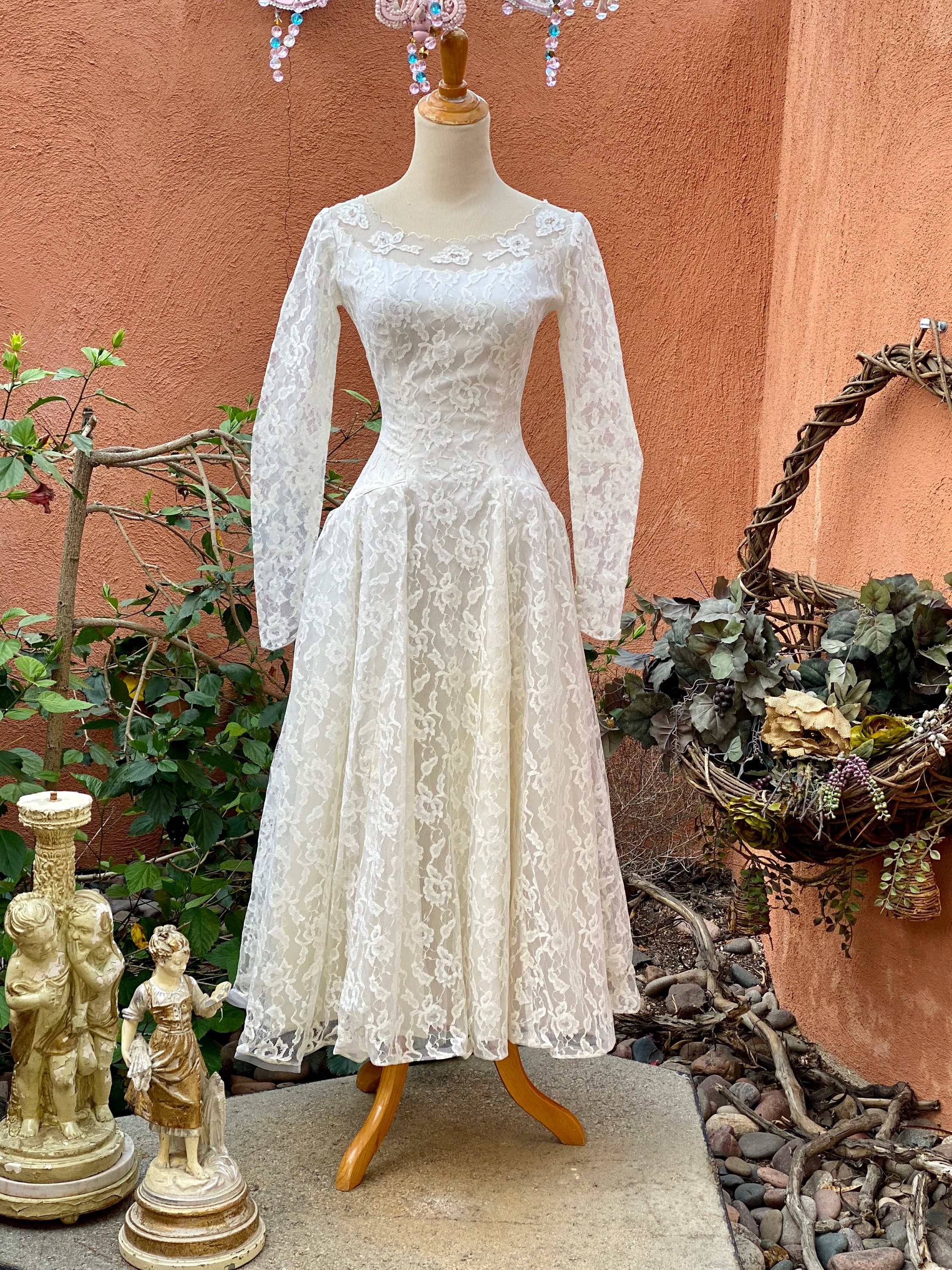1950s White Lace Tea Length Wedding Dress Long Sleeves Sewn in Dress Weights  for Fabulous Fit Size S 