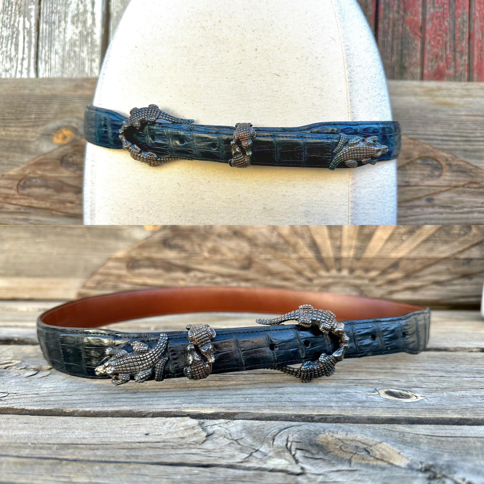 90s Signed Alexander Sterling Silver Alligator 3 Piece Buckle Crocodile Leather Belt