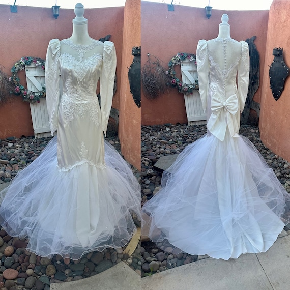Vintage White Satin Mermaid Off-the-Shoulder Beaded Cape Veil Wedding Dress DP7755