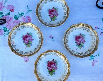 1930s Pink Floral Bouquet Berry Bowls Gold Trim Set of 4
