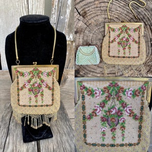 Antique Floral Roses Micro Bead Brass Framed Purse With Bonus beaded Wallet