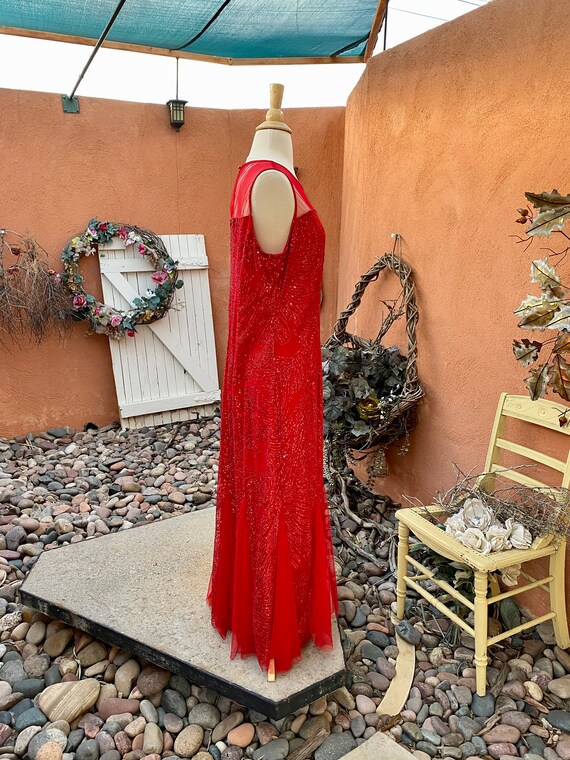 Vintage Red Formal Gown Sparkle Net Overlay Merma… - image 5