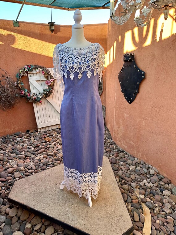 dusty blue vintage dress 1970s Raw Silk Blue Rose n Lace Ankle Length Size M Size (AU):S there are no extra SEQUINS Halter Ruffle Maxi Dress
