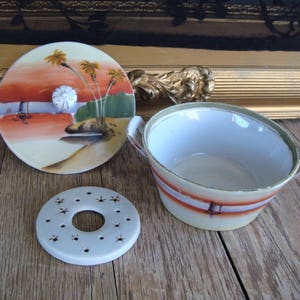 Vintage Hand Painted Nippon 3 Piece Covered Butter Dish With Strainer Tropical Scene