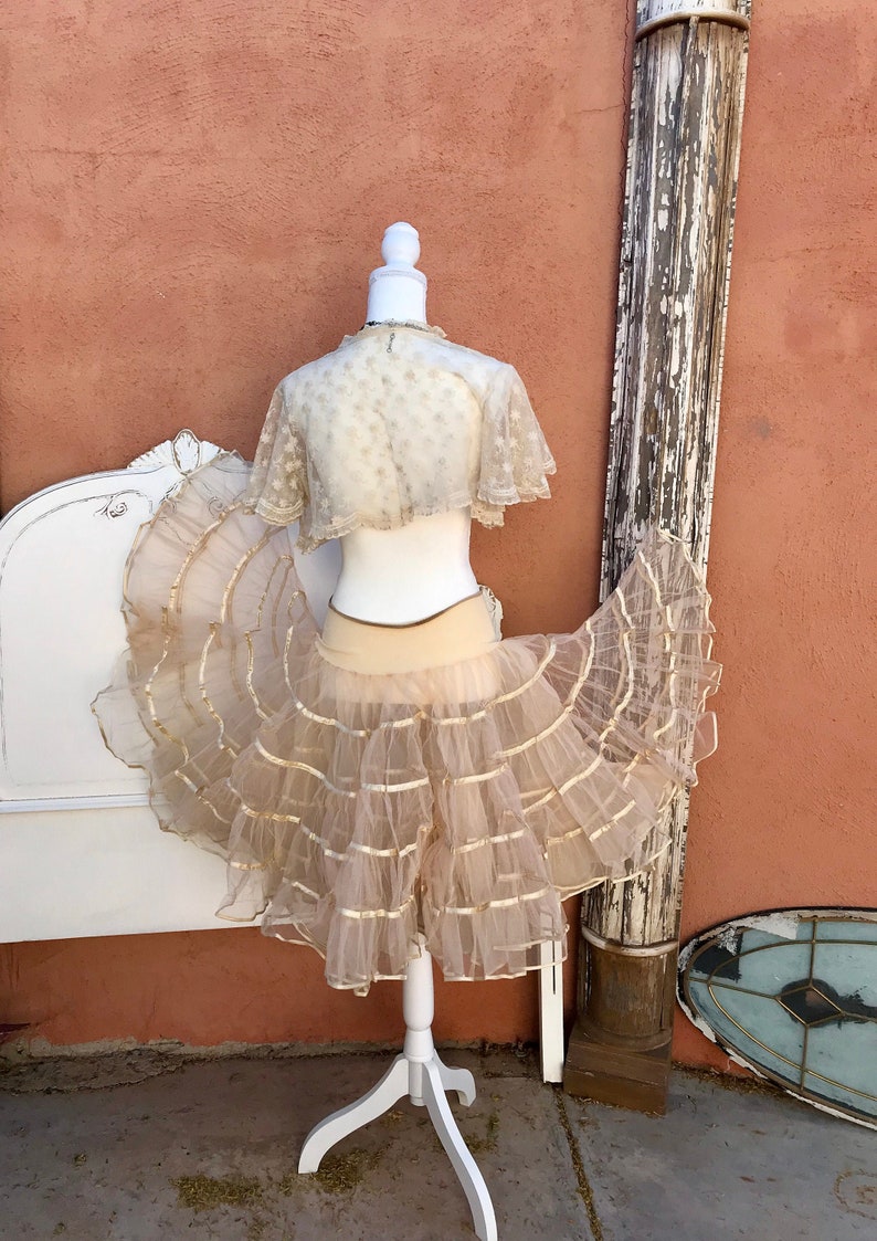 1950s Beige Double Layer Tulle Tea Length Crinoline Petticoat Full Circle Size M