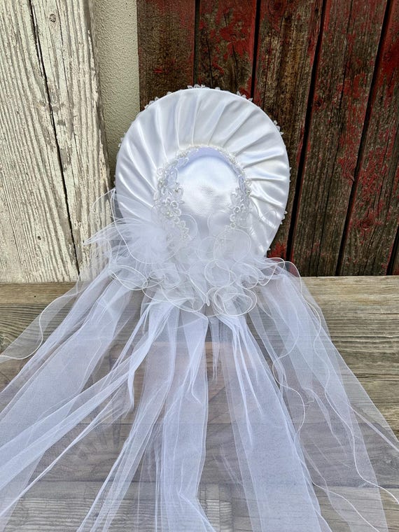 Vintage 80s Bridal Hat Veil Lace Pearl Wide Brim Wedding Hat Ivory Vintage Bridal Illusion Ivory Wedding Bridal Hat Veil With  main image 2
