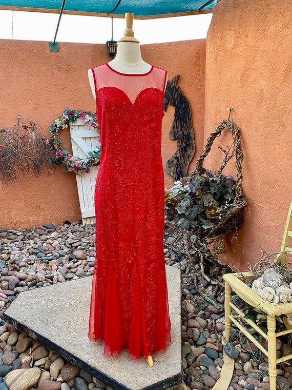 Vintage Red Formal Gown Sparkle Net Overlay Merma… - image 2