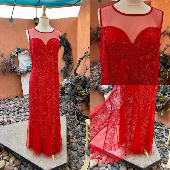 Vintage Red Formal Gown Sparkle Net Overlay Merma… - image 1