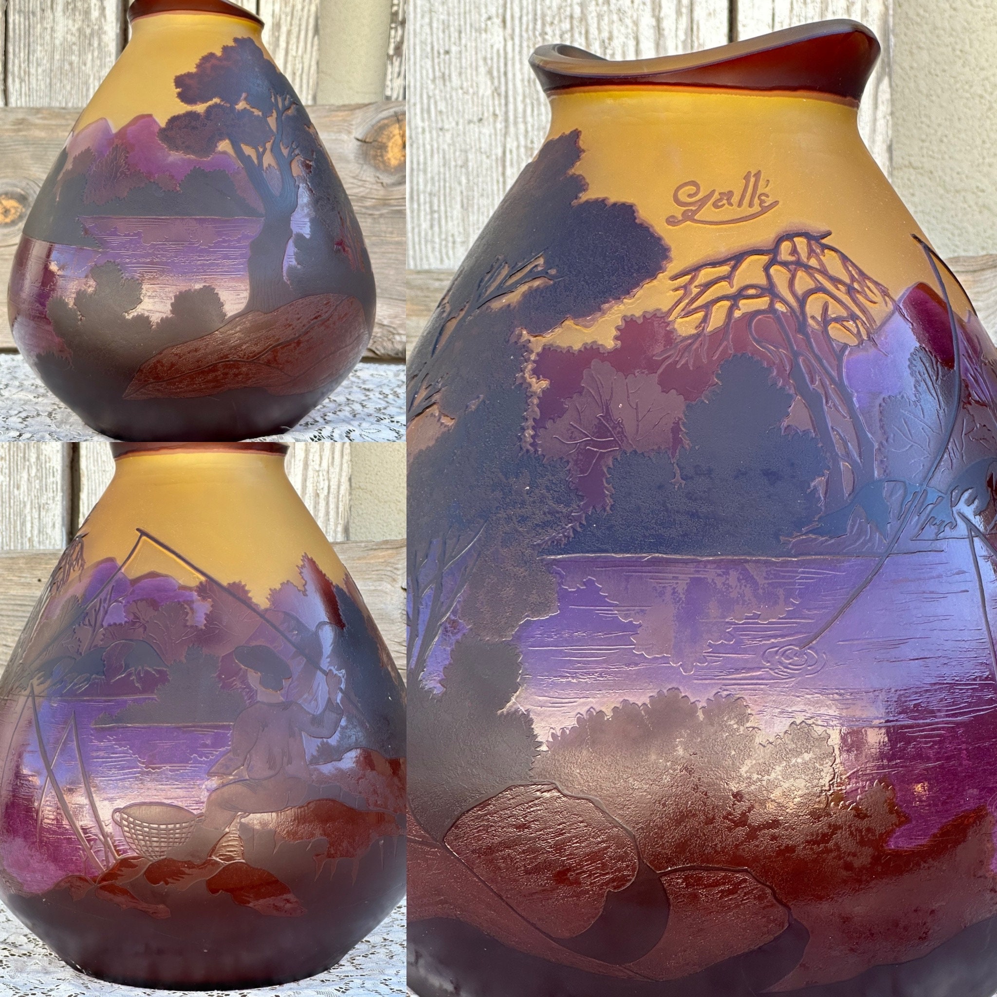 Vintage Galle Style Signed Romanian Art Glass Vase Fishing Lake