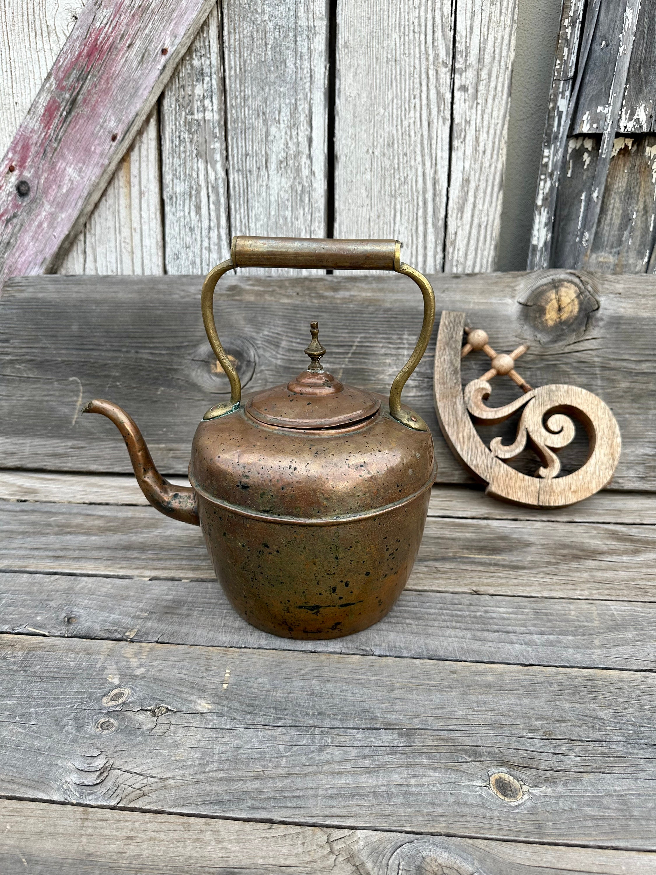 1800s French Antique Large Copper Gooseneck Tea Pot Marked Depose