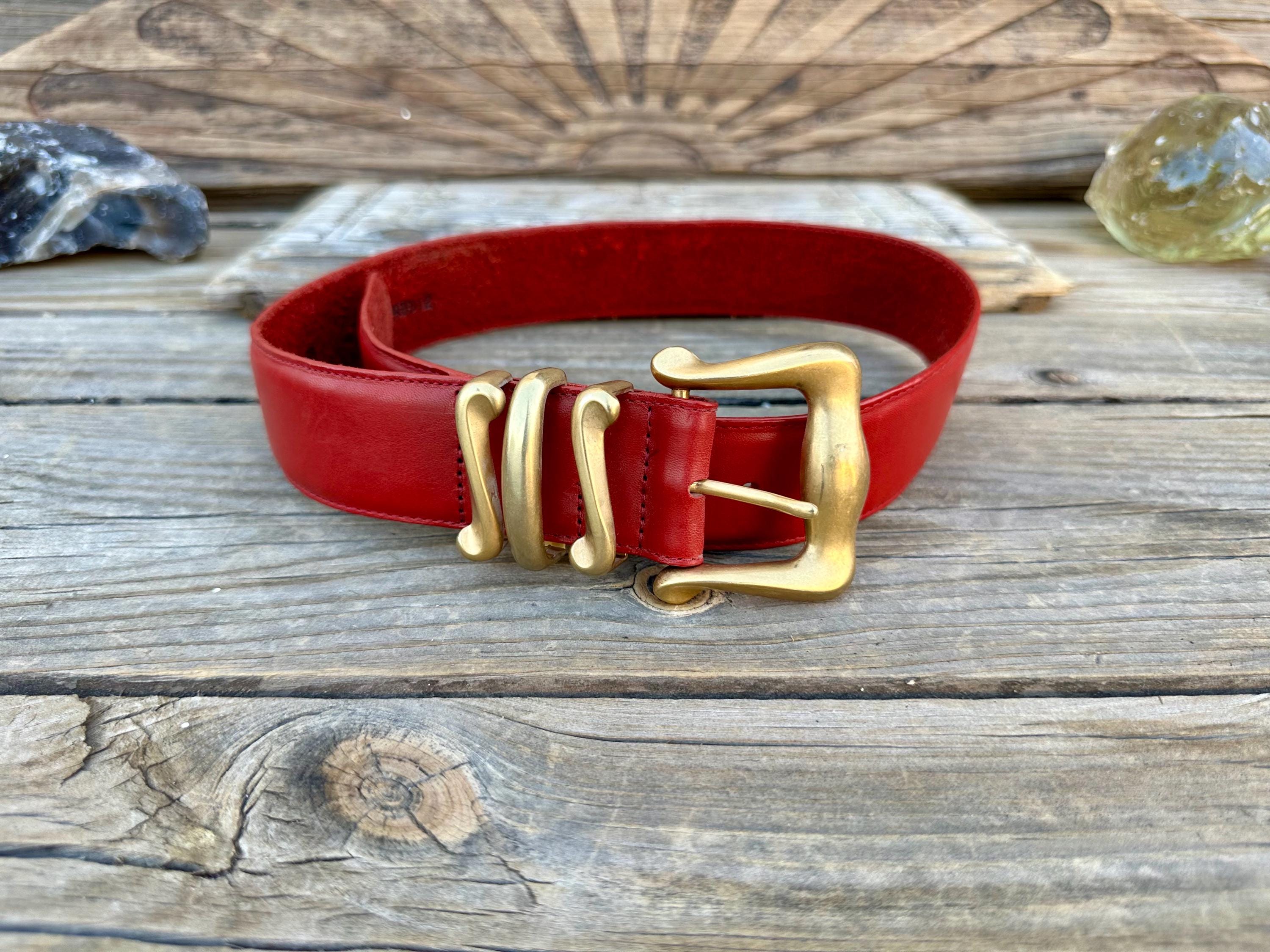 90s Vintage Brighton Red Leather Belt Gold Buckle 33.5 display picture 3