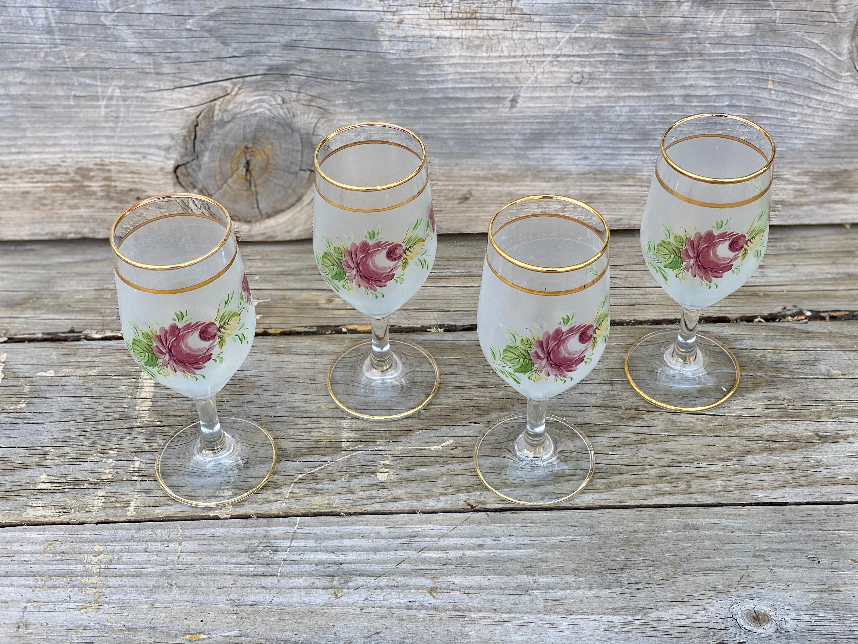 Vintage Set Of 4 Frosted Gold Trim Wine Glasses With Shabby Etsy