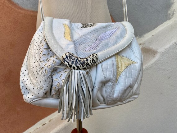 1980s White Patchwork Snakeskin Leather Shoulder B