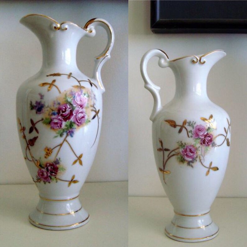 Vintage Floral Porcelain Ewer Vase Crossed Arrows Mark 7491 Etsy