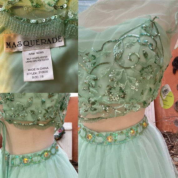 90s Chiffon Overlay Maxi Skirt Set: Green Sequin Crop Top, Size S