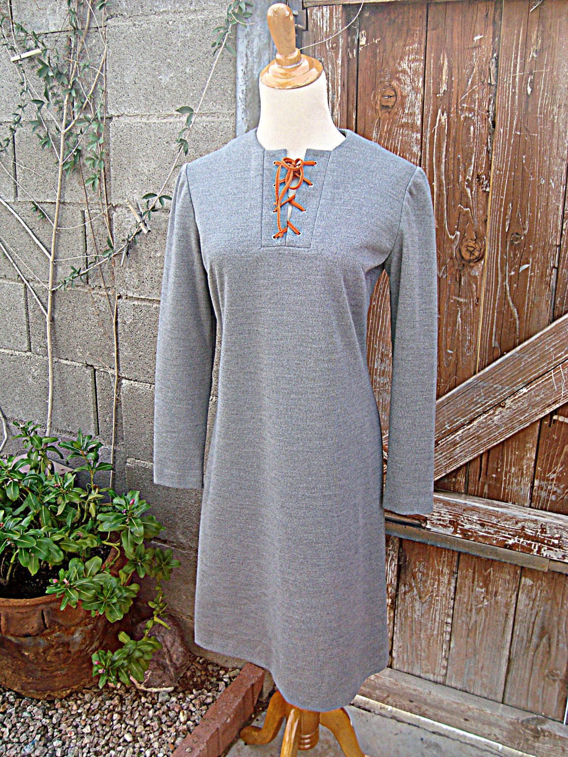 1960s Westbury Fashions Gray Dress Coral Lace up Neckline Size M  