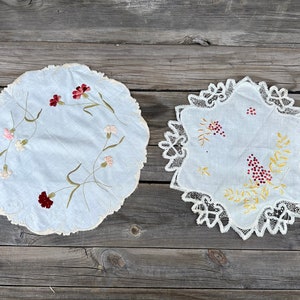 Set of 2 Victorian Antique Society Doilies Hand Embroidered Botanicals N Lace