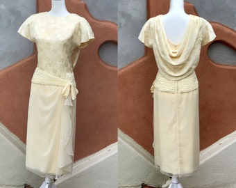 1980s Morton Myles Yellow Midi Dress Draped Back Detail Size 4