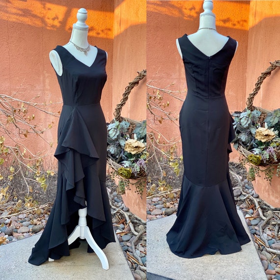 90s Black Sexy Full Length Dress Ruffled Detailed… - image 1
