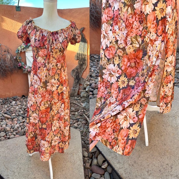 Vintage Rusty Peach Florals Dress With Leg Slit S… - image 1