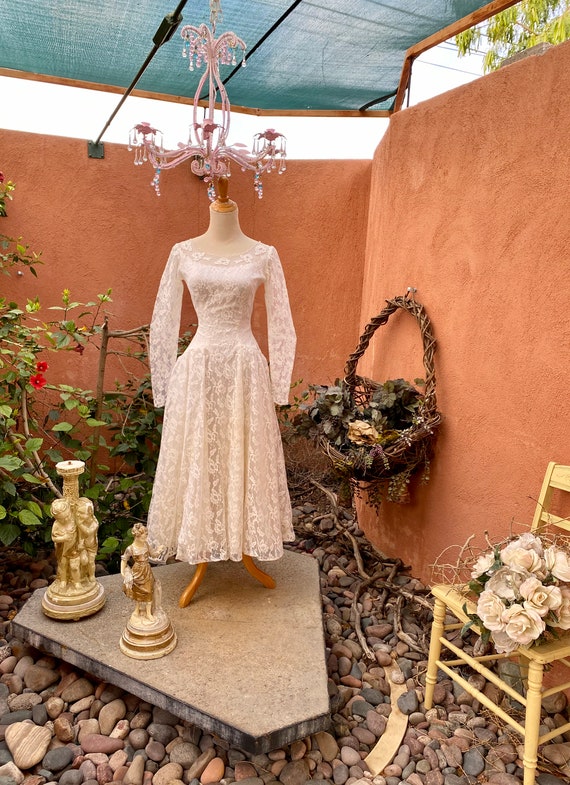 1950s White Lace Tea Length Wedding Dress Long Sleeves Sewn in Dress Weights  for Fabulous Fit Size S 