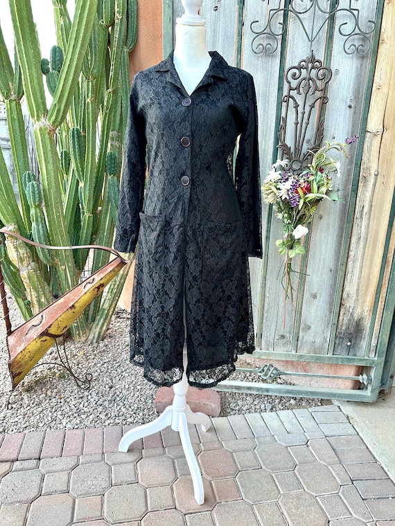 Vintage Black Lace Lightweight Elegant Coat By Papillon Los Angeles Size S