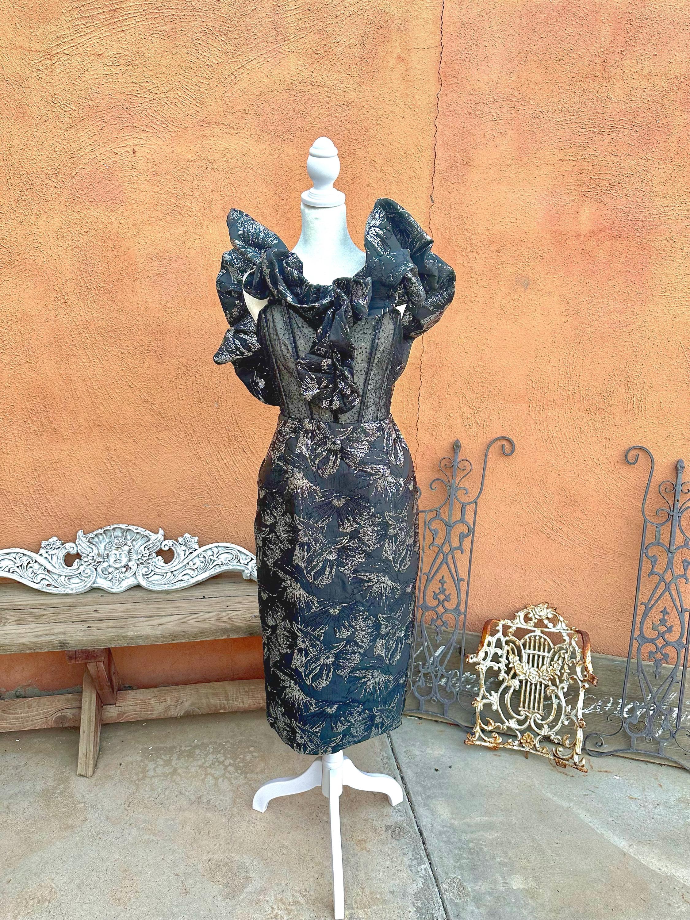 90s Vintage Black N Silver Brocade Dress Sheer Boned Bodice Size L