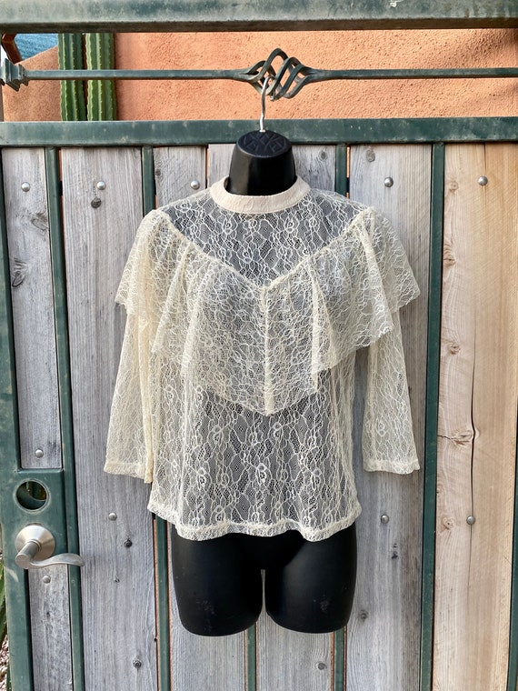 SALE Victorian Style Vintage Ivory Stretch Lace Blouse Size M
