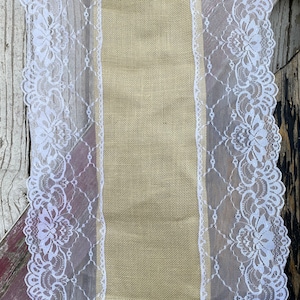 Rustic Farmhouse Vintage Burlap & White Lace Table Runner 2 Sizes 53&quot; and 107&quot;