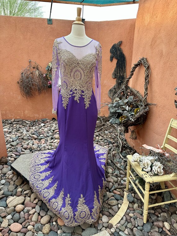 purple and gold evening dresses Off the shoulder V-neck Gold Appliques Mermaid Velvert Prom Dresses main image 1