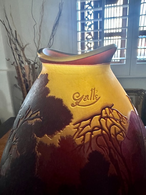 Vintage Galle Style Signed Romanian Art Glass Vase Fishing Lake