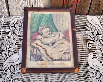 1875 King of the House Lithograph by Currier & Ives In Original Wood Frame