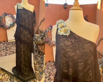Vintage Marchesa Notte Black Layered Silk Chiffon Dress Gold 3D One Shoulder Florals Size 6