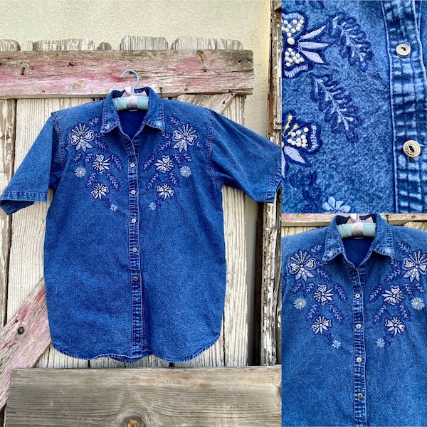 90s Vintage Denim Short Sleeve Embroidered With Pearls Shirt By Passion Size S