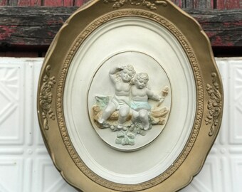 1950s Alexander Backer Chalkware Bas Relief Cherubs Wall Plaque