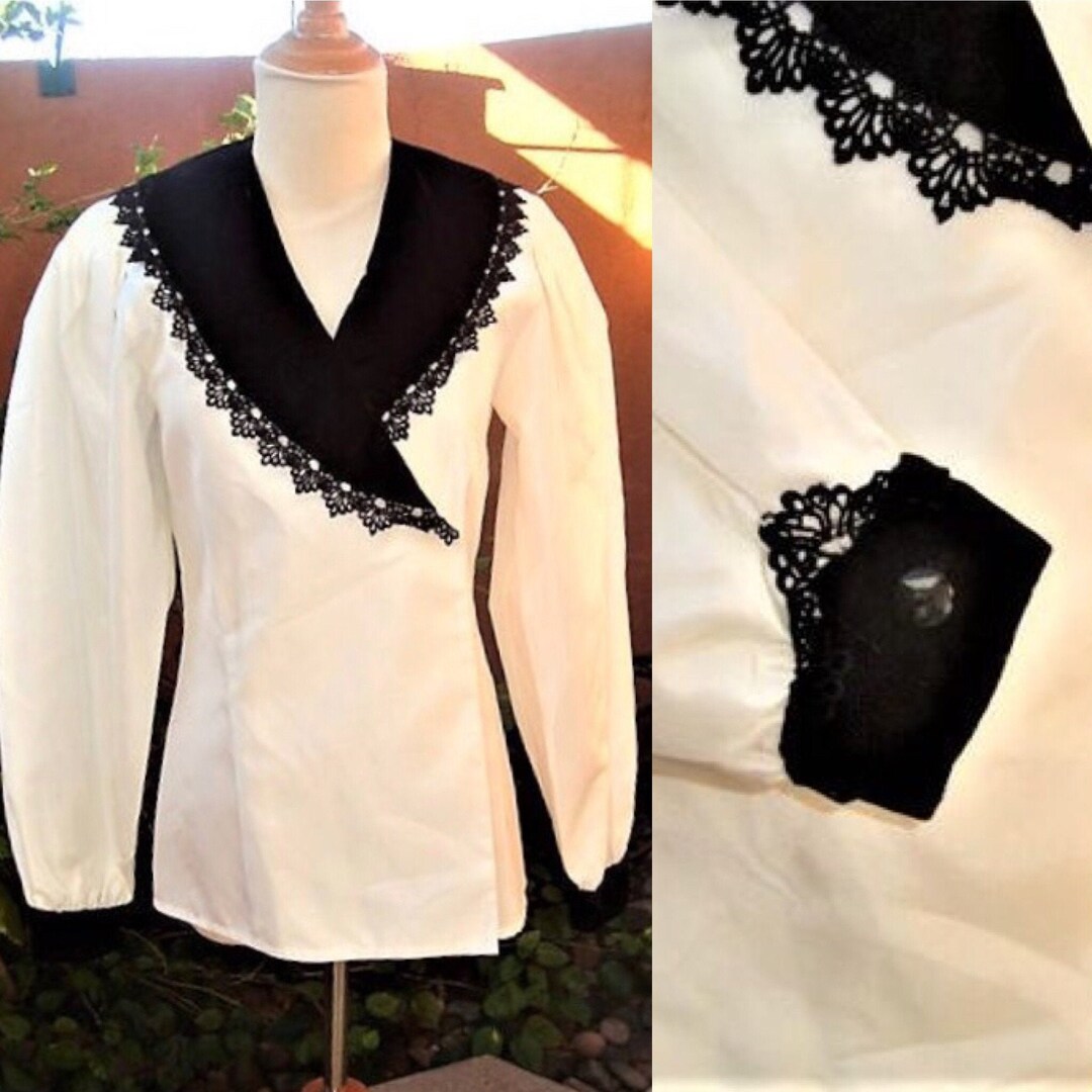 1980s White Wrap Long Sleeve Blouse Black Velvet Collar N - Etsy