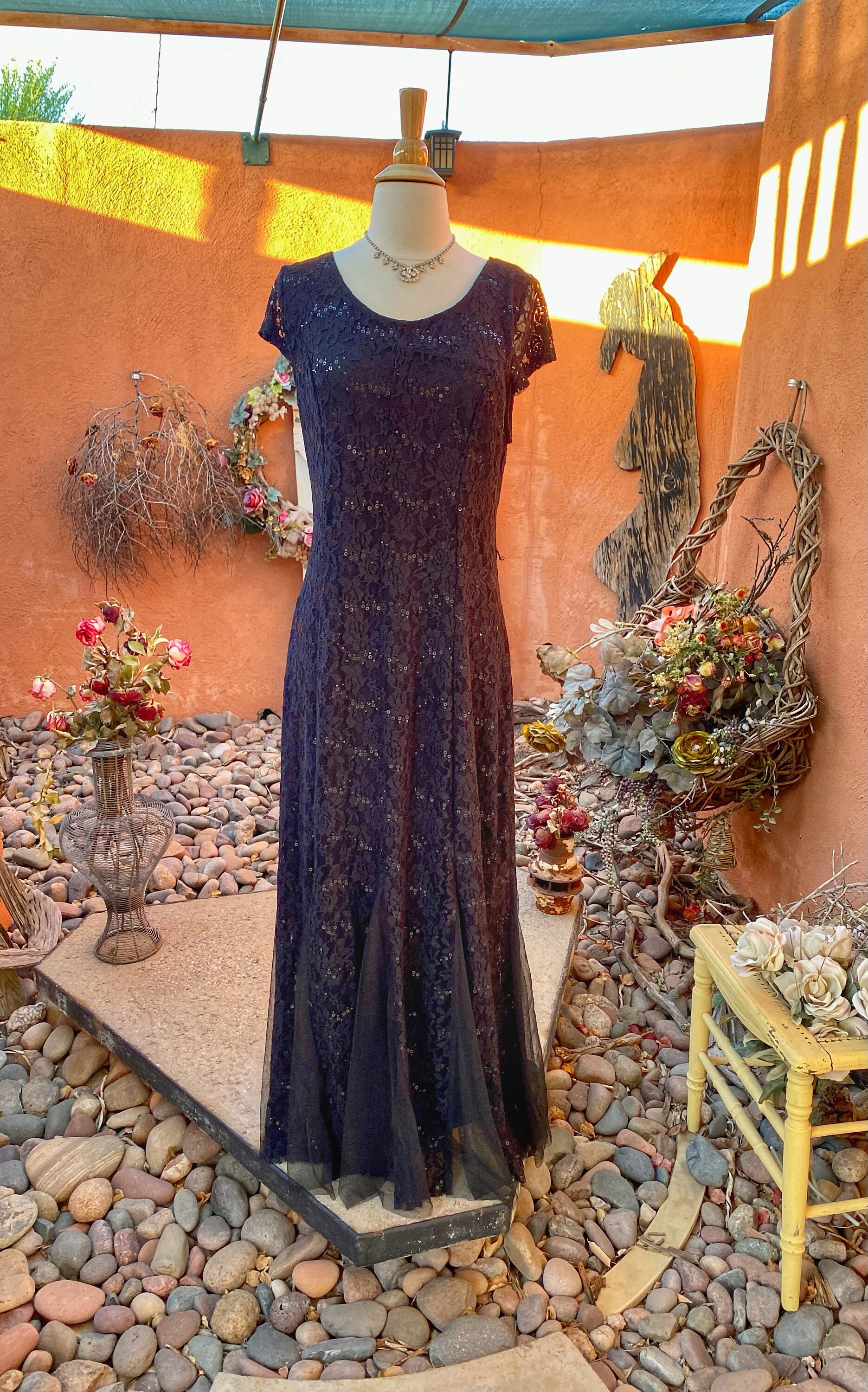 90s Vintage Black Stretch Lace Formal Maxi Dress Mermaid Panel Hem Sequin Embellished Size L 90s Vintage Black Stretch Lace Formal Maxi Dress Mermaid Panel Hem Sequin Embellished Size L