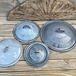 Group of 4 Antique Graniteware Enamelware Primitive Pot Lids