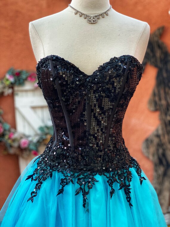90s Vintage Black Embellished Corset Top Dress La… - image 3