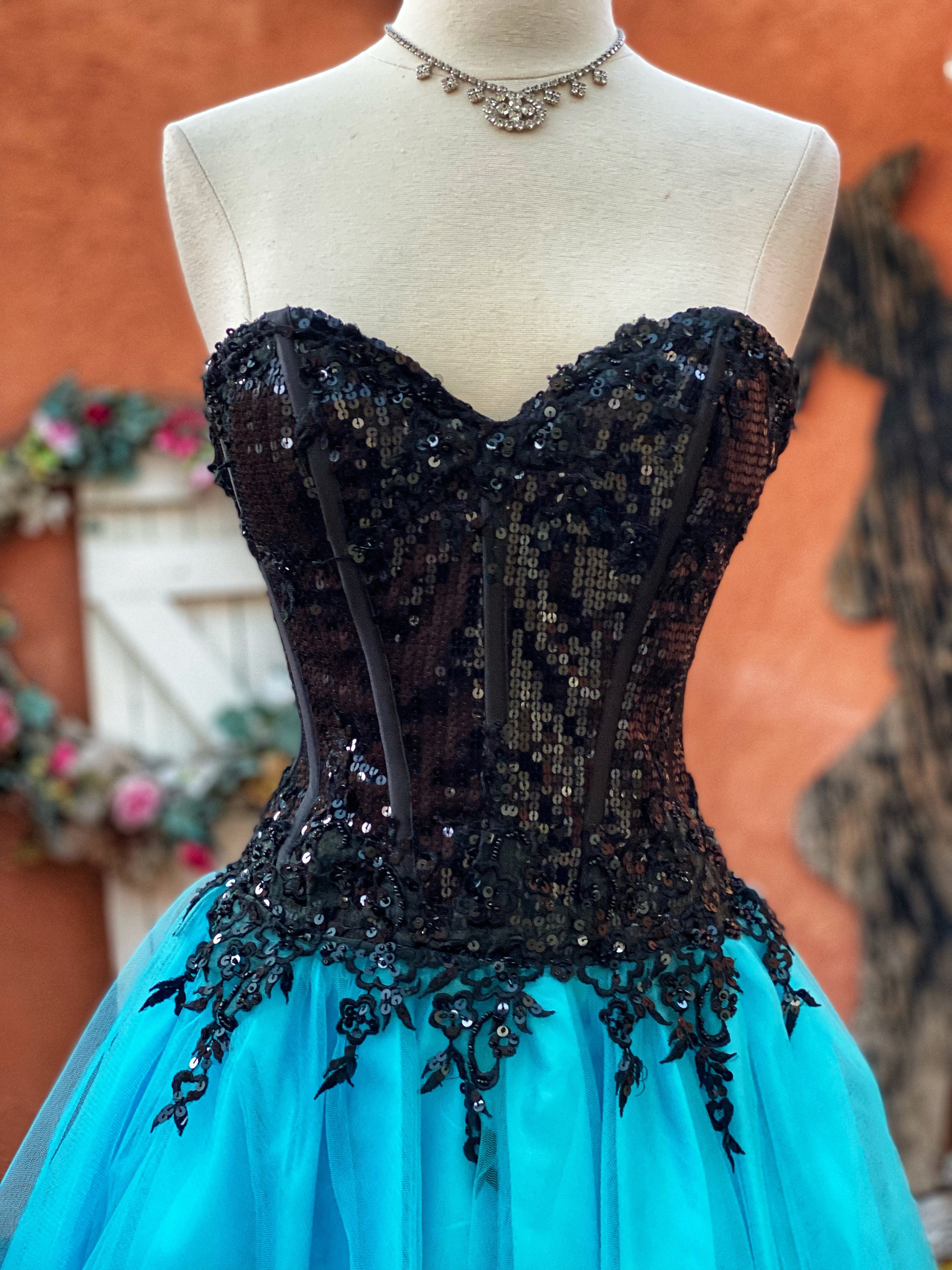 90s Vintage Corset Dress: Black Sequin Top, Blue Tulle Skirt