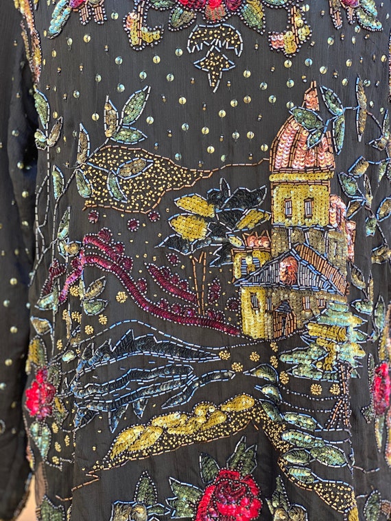 Vintage Black Silk Top Beaded Castle Scene With F… - image 4