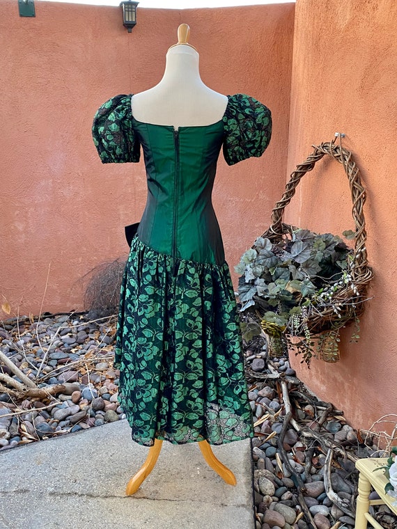 80s Emerald Green Taffeta With Black Lace Dress Asymmetrical
