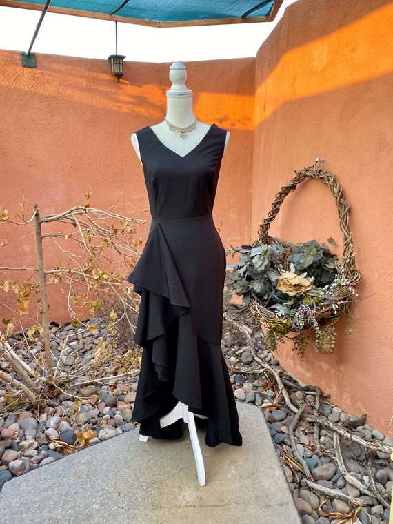 90s Black Sexy Full Length Dress Ruffled Detailed… - image 2