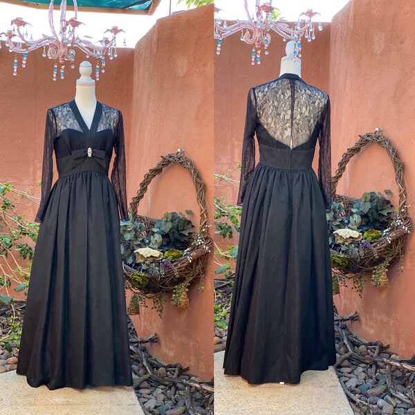 Vintage Black Lace n Taffeta Maxi Evening Dress By En Francais Huey Waltzer Rhinestone Brooch Tulle Slip Size 10