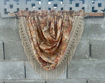 Vintage Sheer Earth Tones Design Swag Valance Gold Fringe Hemline