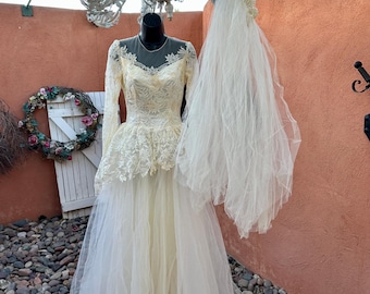 1940s Lace Wedding Gown with Veil: Ivory Satin, Size XS (AS IS)