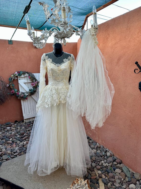 1940s Lace Wedding Gown with Veil: Ivory Satin, Size XS (AS IS) 1940s Lace Wedding Gown with Veil: Ivory Satin, Size XS (AS IS)