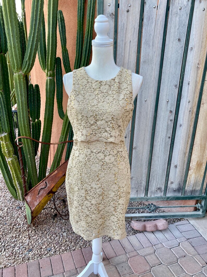 90s Gold Sparkle Sequin Stretch Lace Dress Sheer Midriff Size Etsy