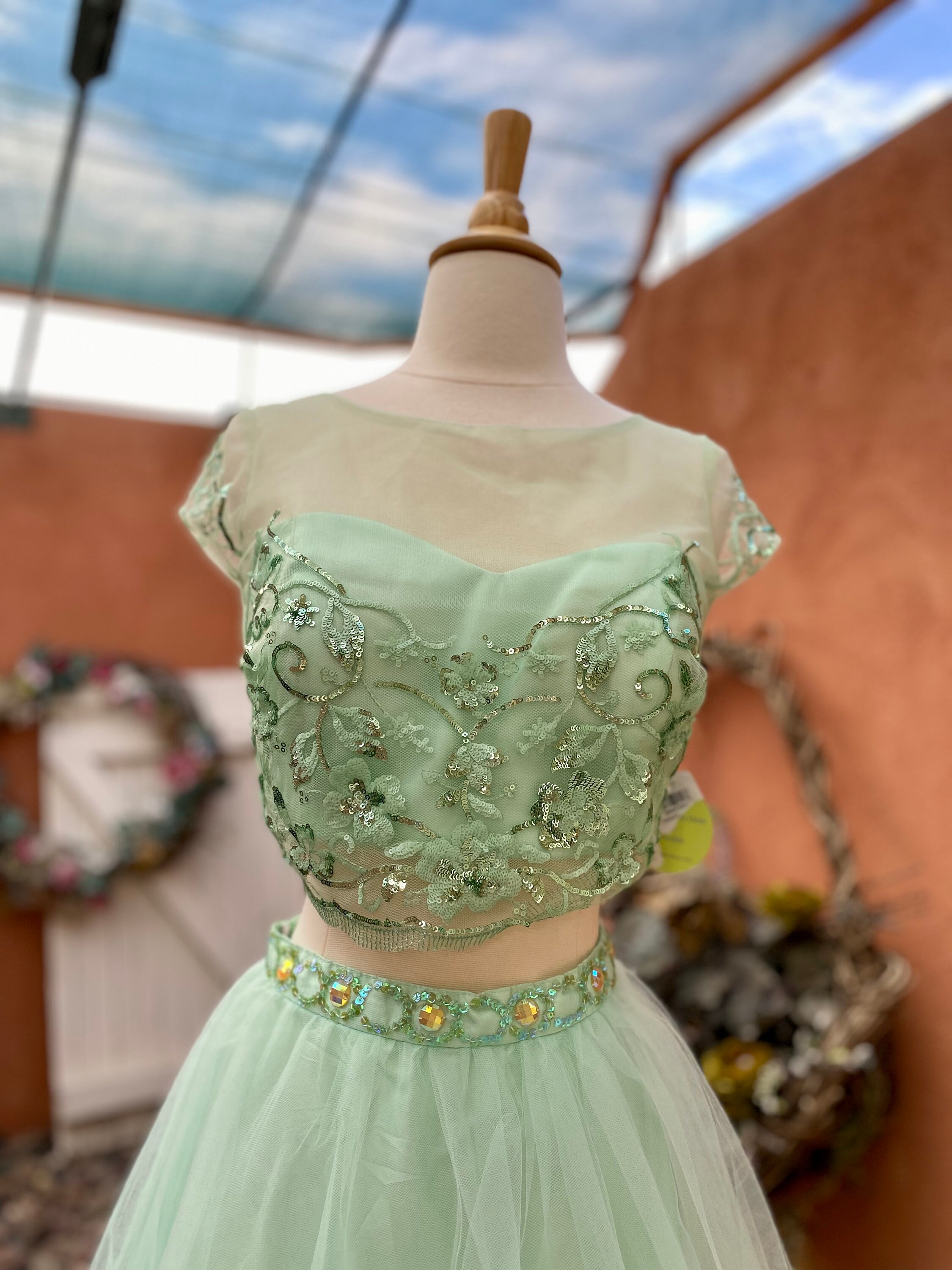 90s Chiffon Overlay Maxi Skirt Set: Green Sequin Crop Top, Size S